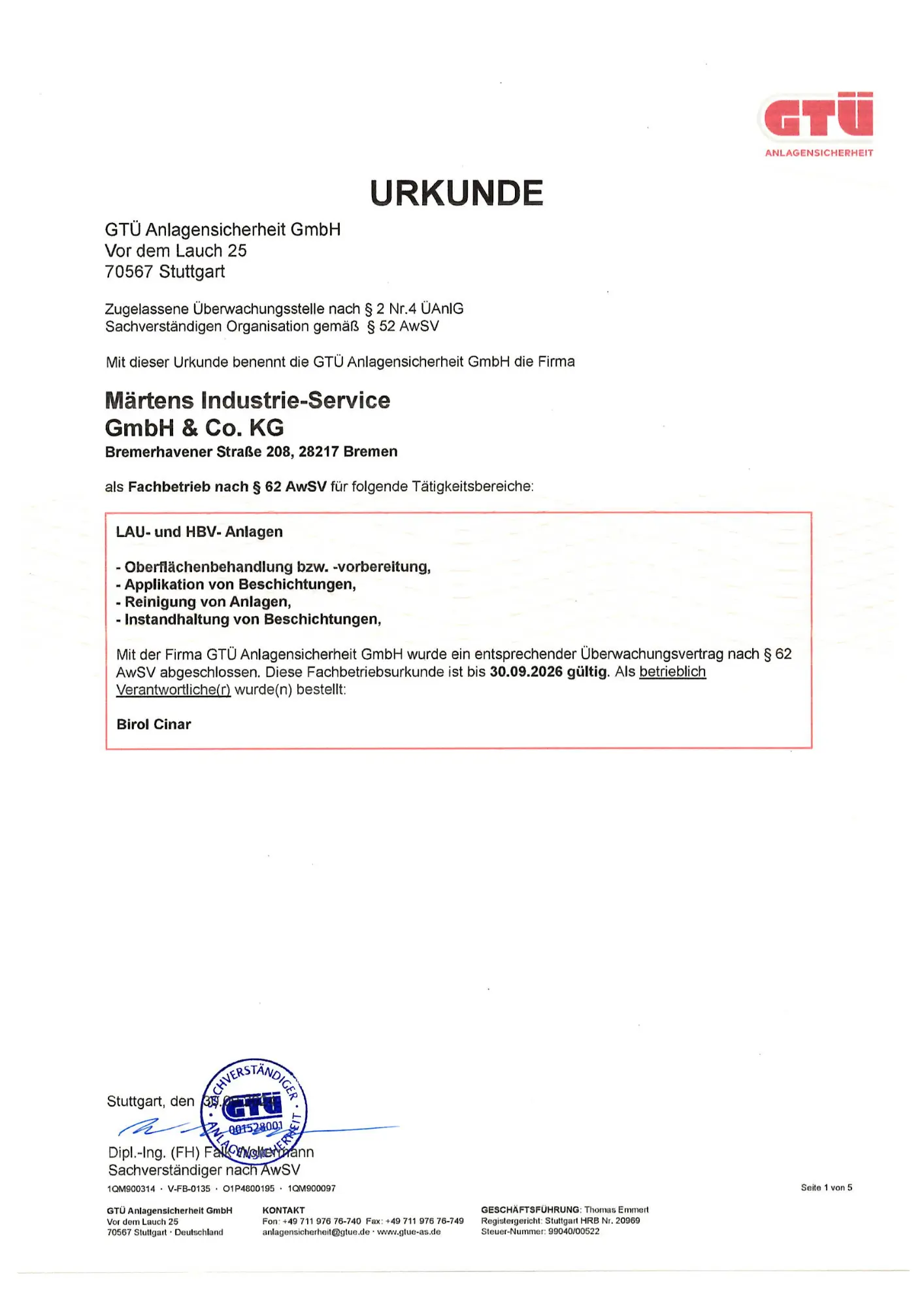 GTÜ Fachbetriebsurkunde