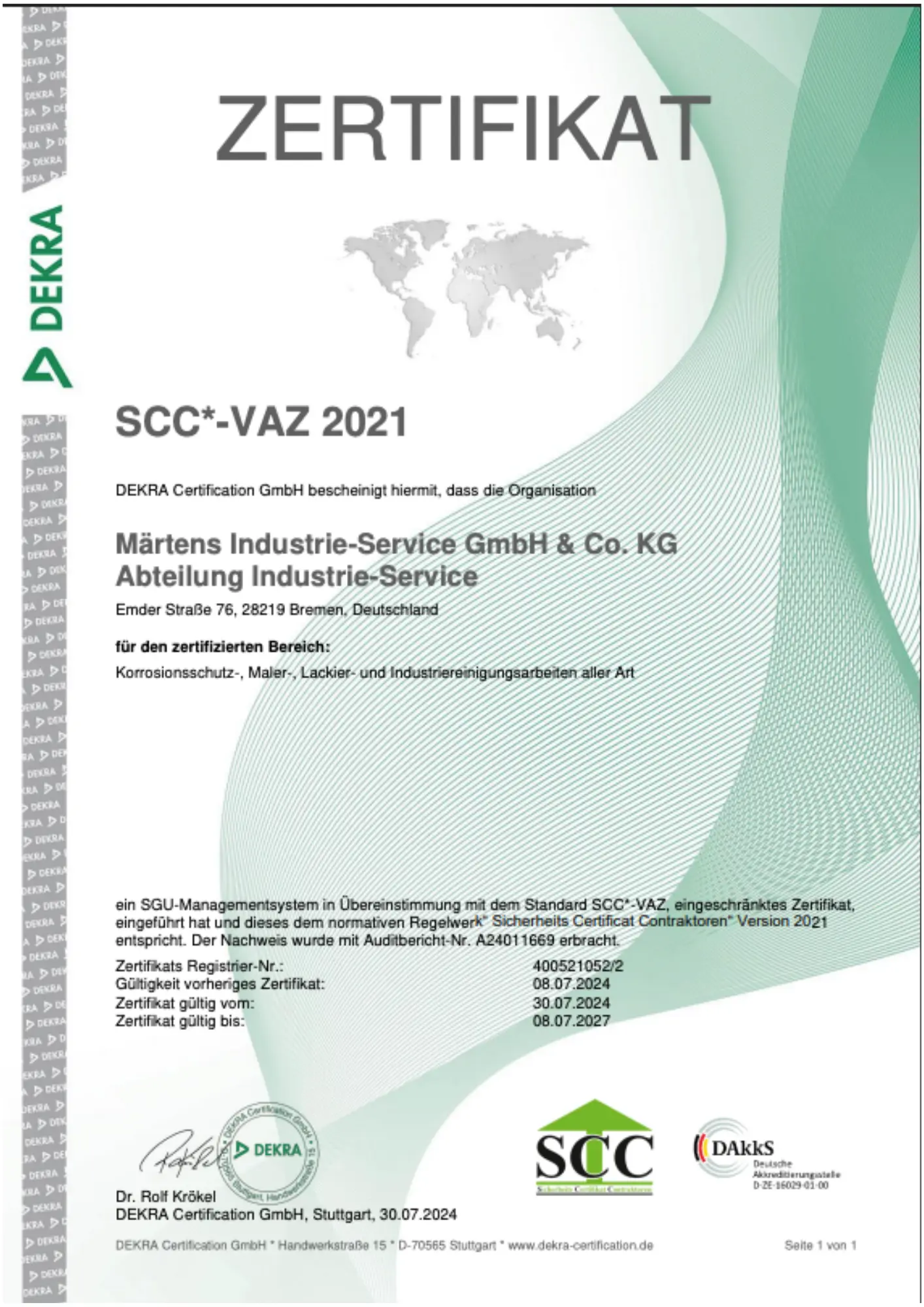 DEKRA Zertifikat SCC*-VAZ 2021